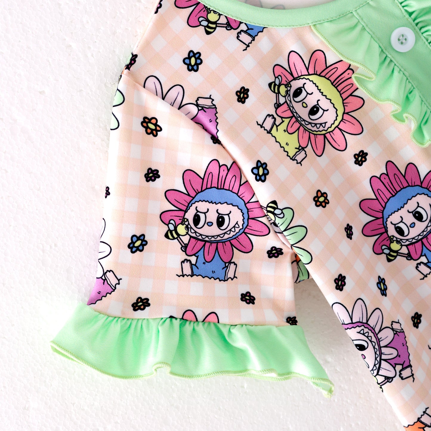 Girls Summer Labubu Print Green Ruffled Short Pajamas Set