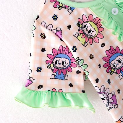 Girls Summer Labubu Print Green Ruffled Short Pajamas Set