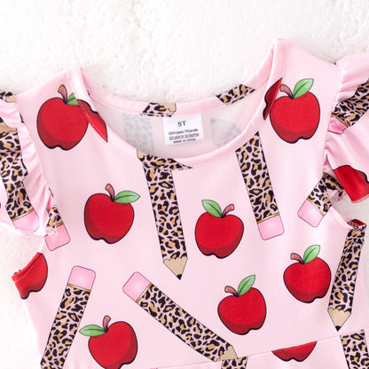 Girls Back To School Apple Pencil Print Short Set & Dress