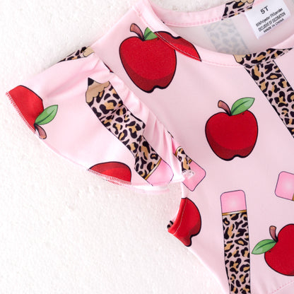 Girls Back To School Apple Pencil Print Short Set & Dress
