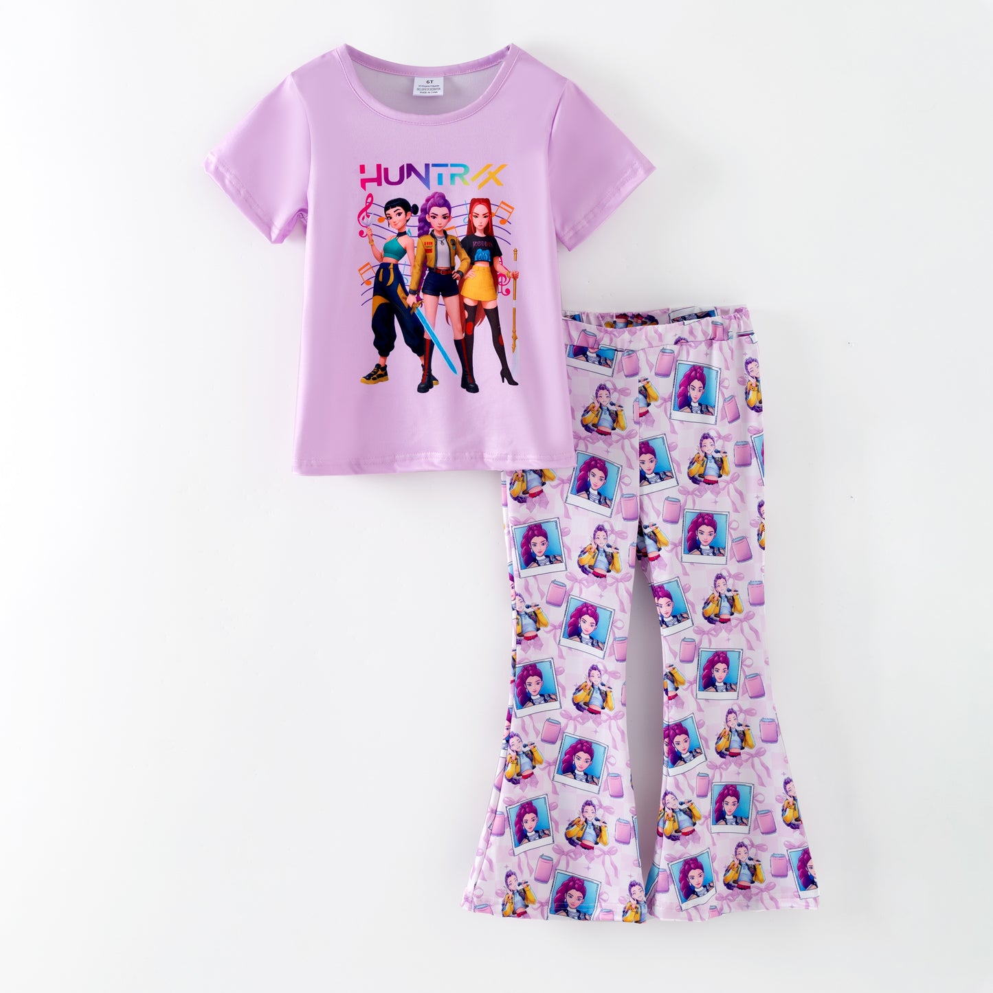 Girls Kpop Demon Hunter Print Short Sleeves Top+Pant Set