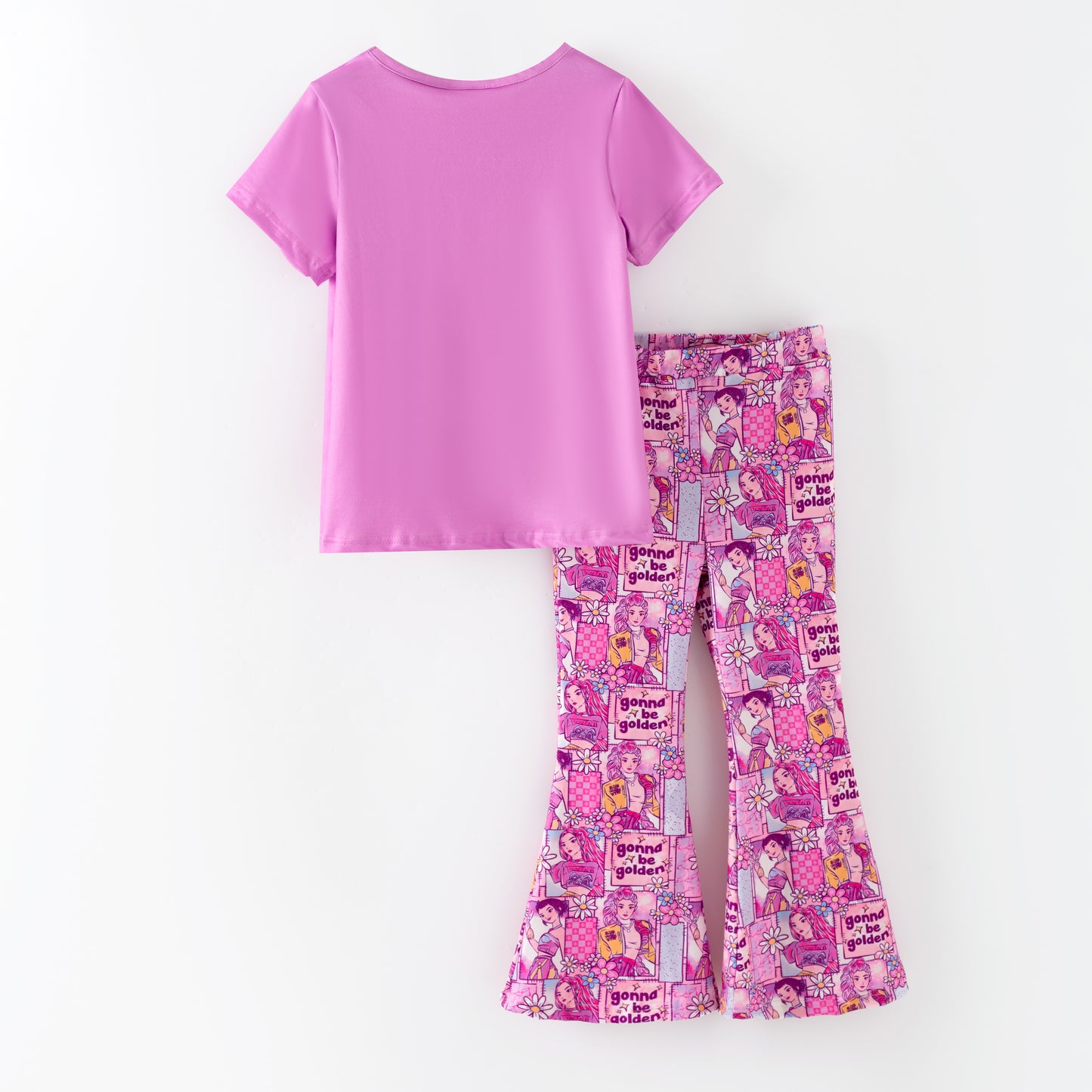 Girls Kpop Demon Hunter Print Short Sleeves Top+Pant Set