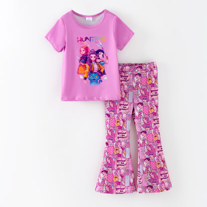 Girls Kpop Demon Hunter Print Short Sleeves Top+Pant Set