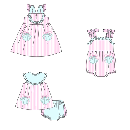 Summer Pink Stripes Shell Embroidery Girls Dress Romper Set Collection