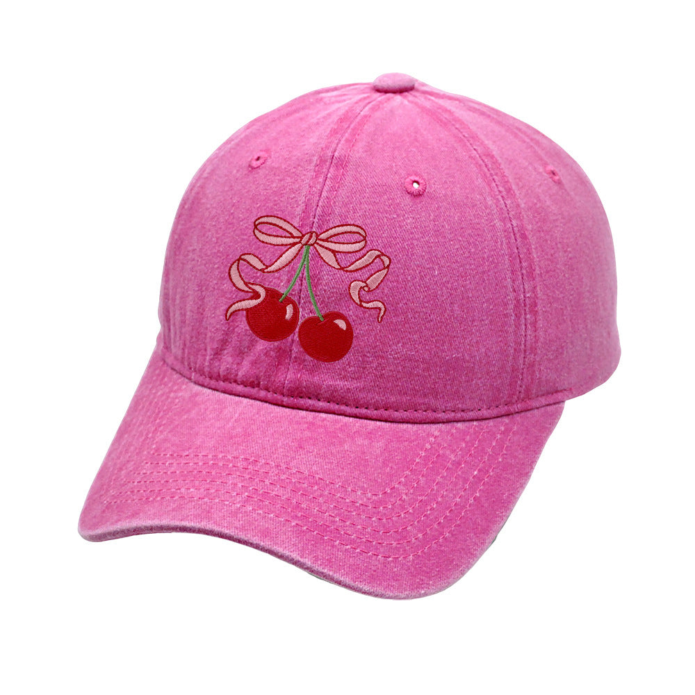Vintage Washed Baseball Cap with Cherry & Bow Embroidery