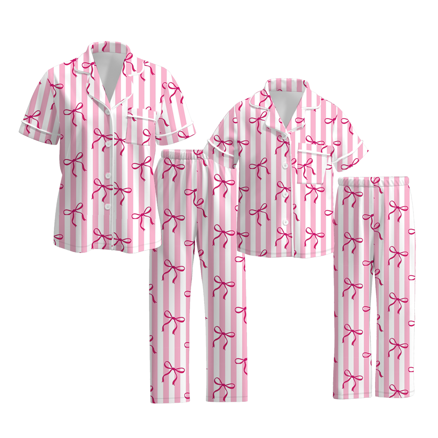 Mommy And Me Pink Stripes Bow Print Pink Pajamas Set