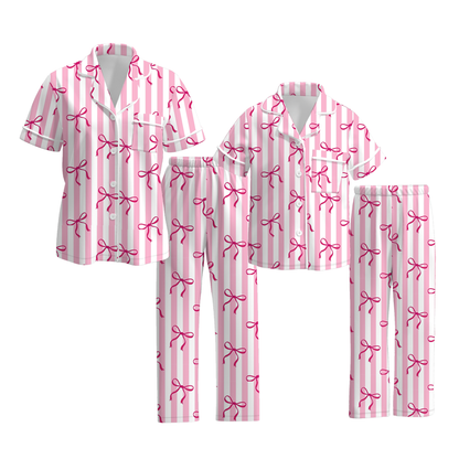 Mommy And Me Pink Stripes Bow Print Pink Pajamas Set