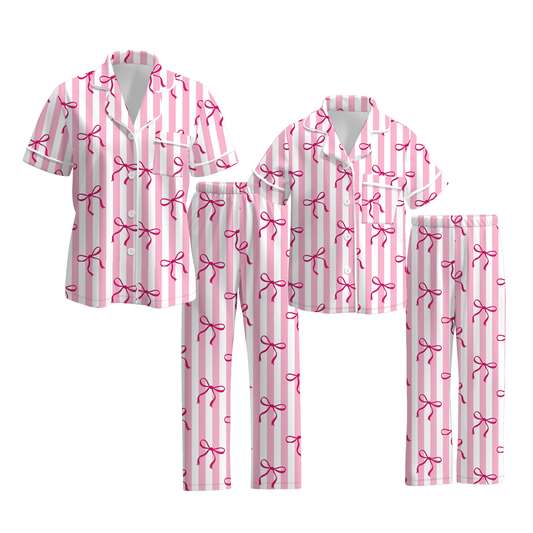 Mommy And Me Pink Stripes Bow Print Pink Pajamas Set