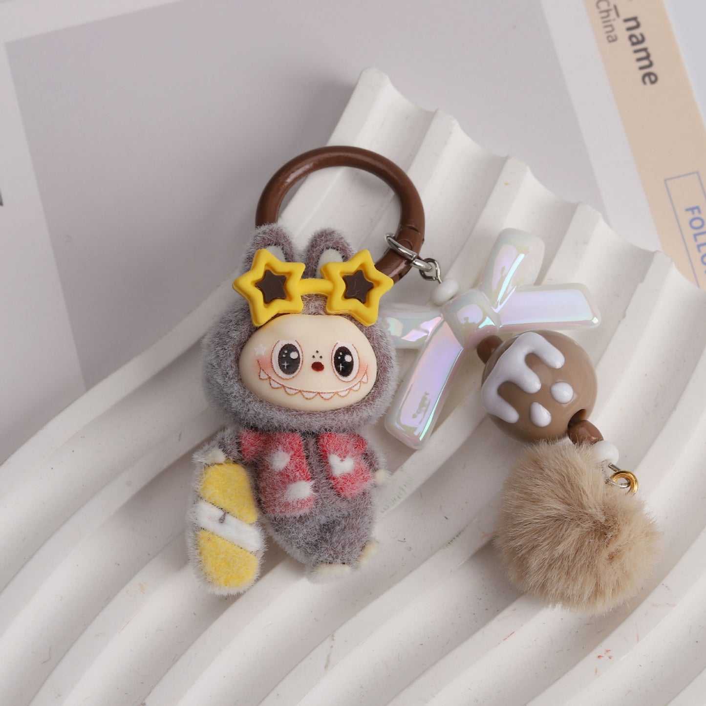 New Flocked Surfboard Sunglasses Labubu Beaded Keychain Cute Charm Bag Pendant Accessory