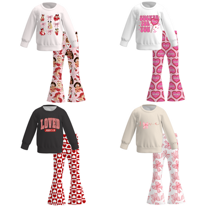 2026 Valentine's Day Spring Girls Printed Long Sleeves Outfit Set