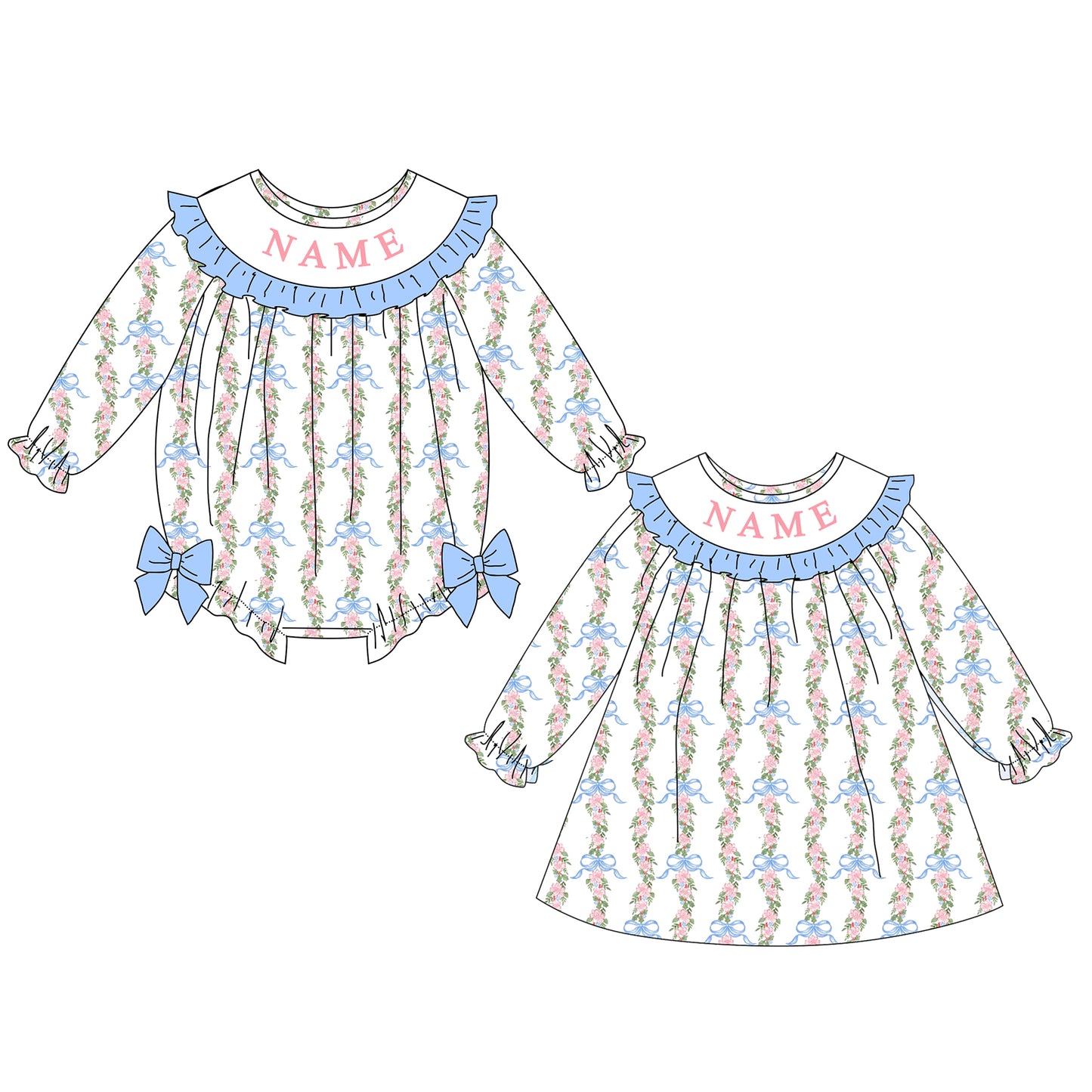 Girls Fall Custom Name Embroidery Smock Floral Dress & Bubble