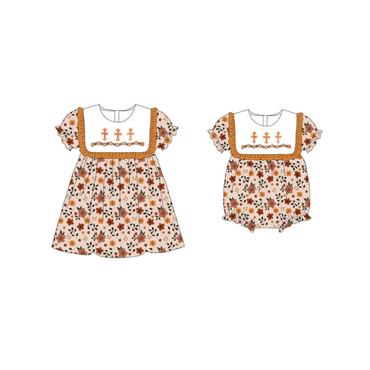 Girls Sister Fall Brown Floral Cross Embroibery Sibling Dress Romper