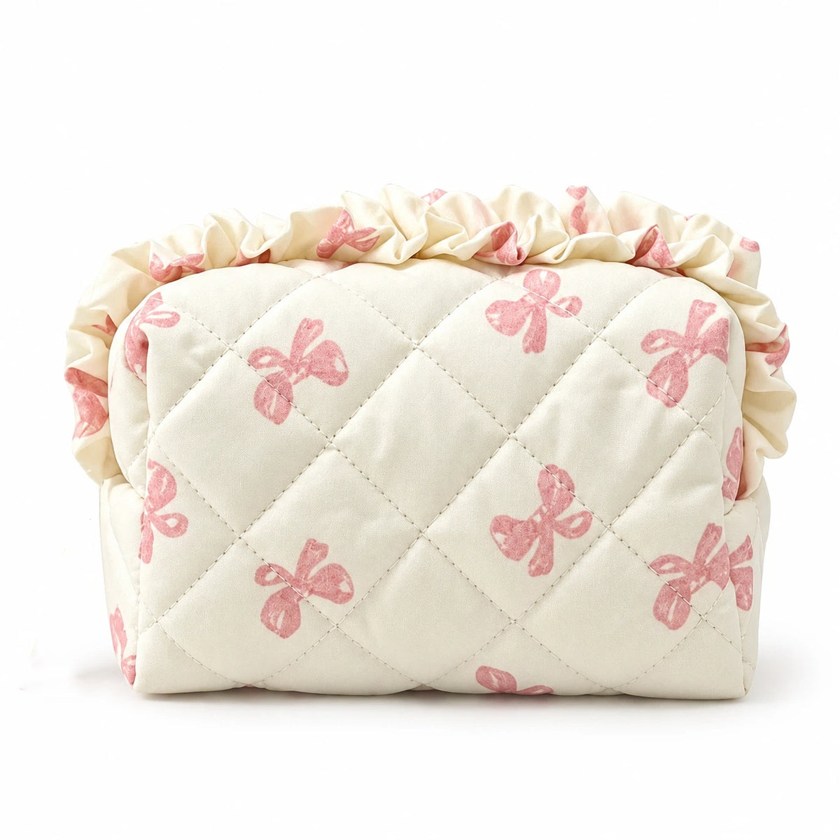 Diamond Quilted Ruffle Floral, Bow Print Makeup Cosmetic Bag – Toiletry & Travel Pouch