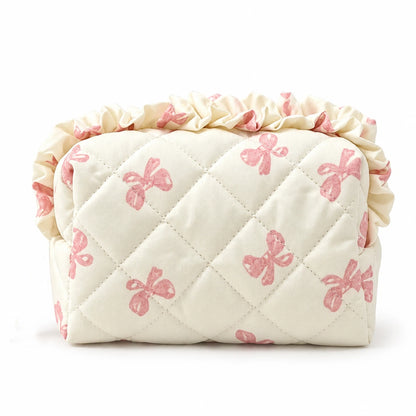 Diamond Quilted Ruffle Floral, Bow Print Makeup Cosmetic Bag – Toiletry & Travel Pouch