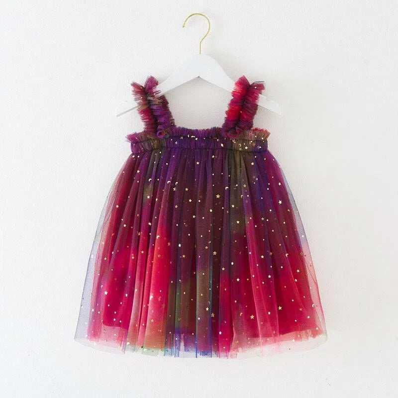 Girls Rainbow Tulle Dress Gold Stars Sparkly Fairy Style