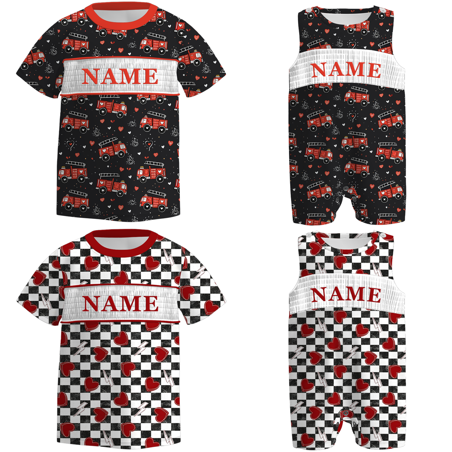 Boys V-days Fire Engine Custom Name Smock Embroidery Top & Romper