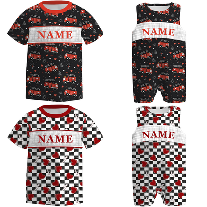Boys V-days Fire Engine Custom Name Smock Embroidery Top & Romper