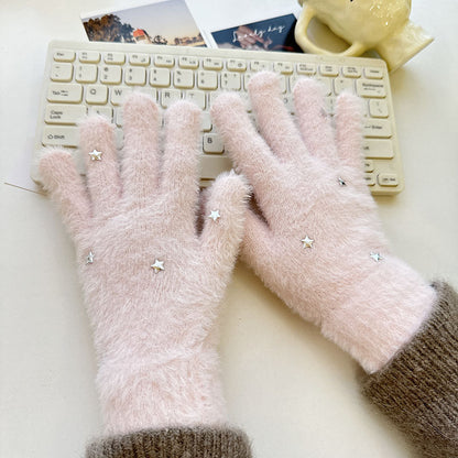Winter Fluffy Star Gloves Soft Faux Mink Knit Warm Gloves for Parent-Child Matching & Cycling