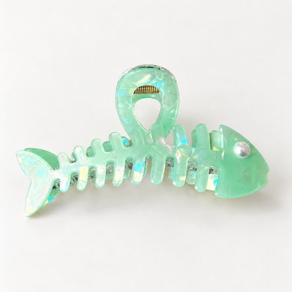 Iridescent Fishbone Hair Claw Clip – Acetate-Look Fish Skeleton Clip with Faux Pearl Eye