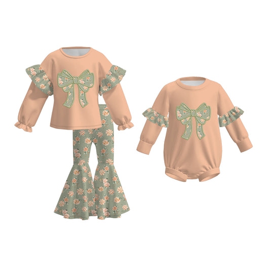 Fall/Winter Embroidered Floral Bow Sister Coral Outfits