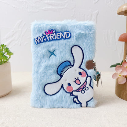 Cartoon Embroidered Plush Lock Diary 64K Soft Cover Journal Notebook Gift