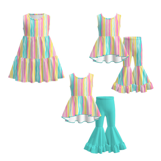Girls Summer Rainbow Print Fashion Dress Bell Pant Set