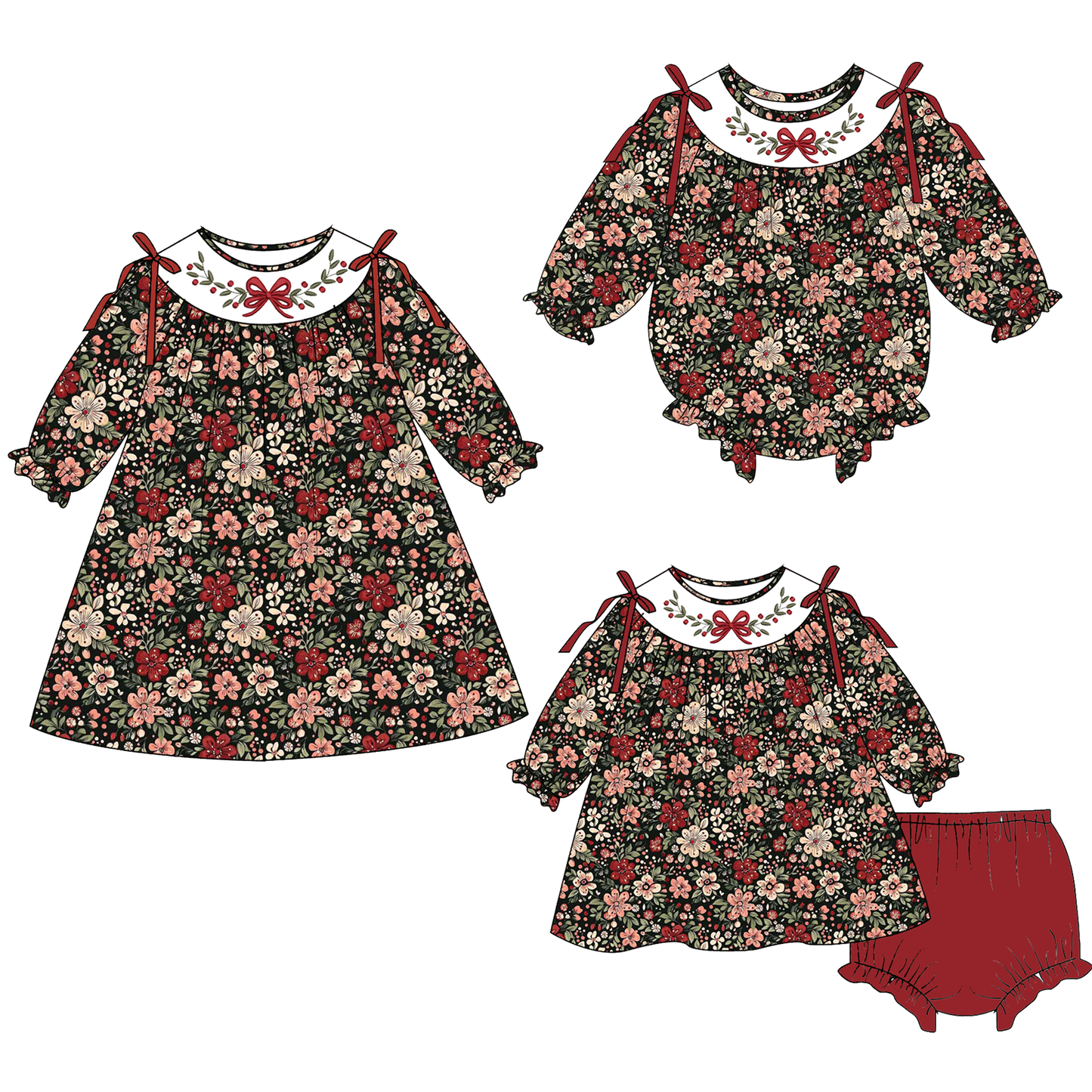 Fall Brown Bow Floral Smocked Embroidery Outfit Collection
