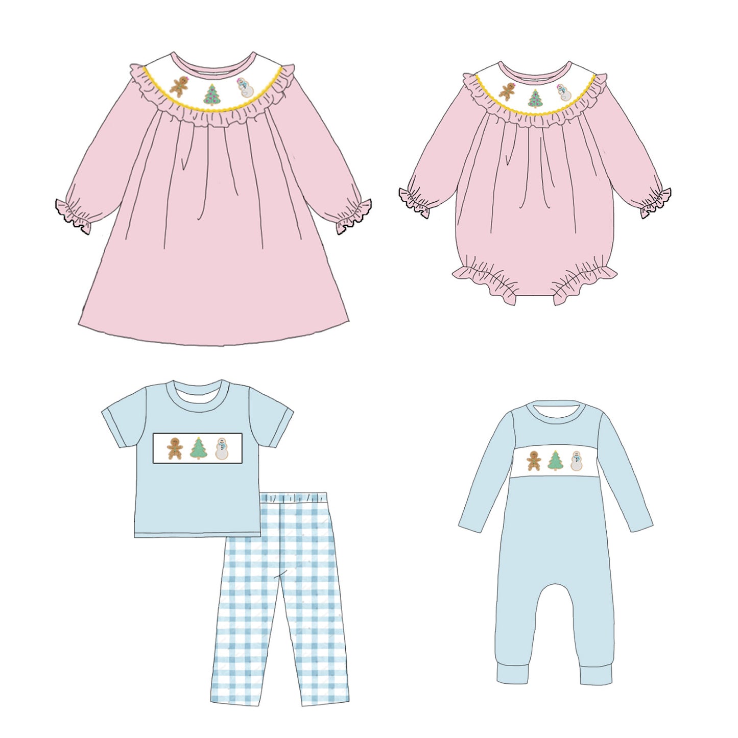 Kids Christmas Snowman Gingerbread Embroidered Smocked Outfits