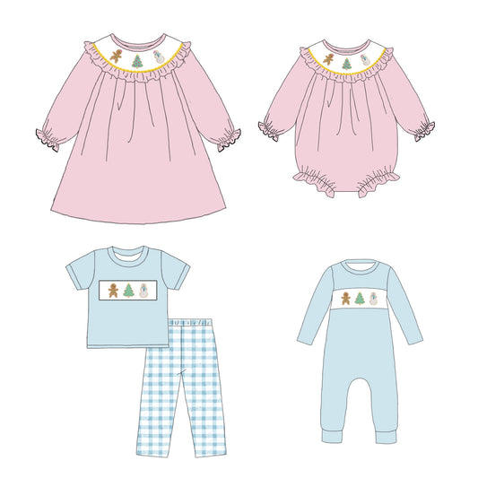 Kids Christmas Snowman Gingerbread Embroidered Smocked Outfits