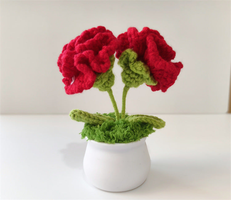 Handmade Knitted Flower Pot – Yarn Sunflower, Carnation & Tulip Desk Decor