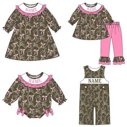 Personalized Camo & Pink Bow Kids Outfits – Custom Name Embroidery Girls Dress, Romper, Ruffle Pants Set & Boys Overall Romper
