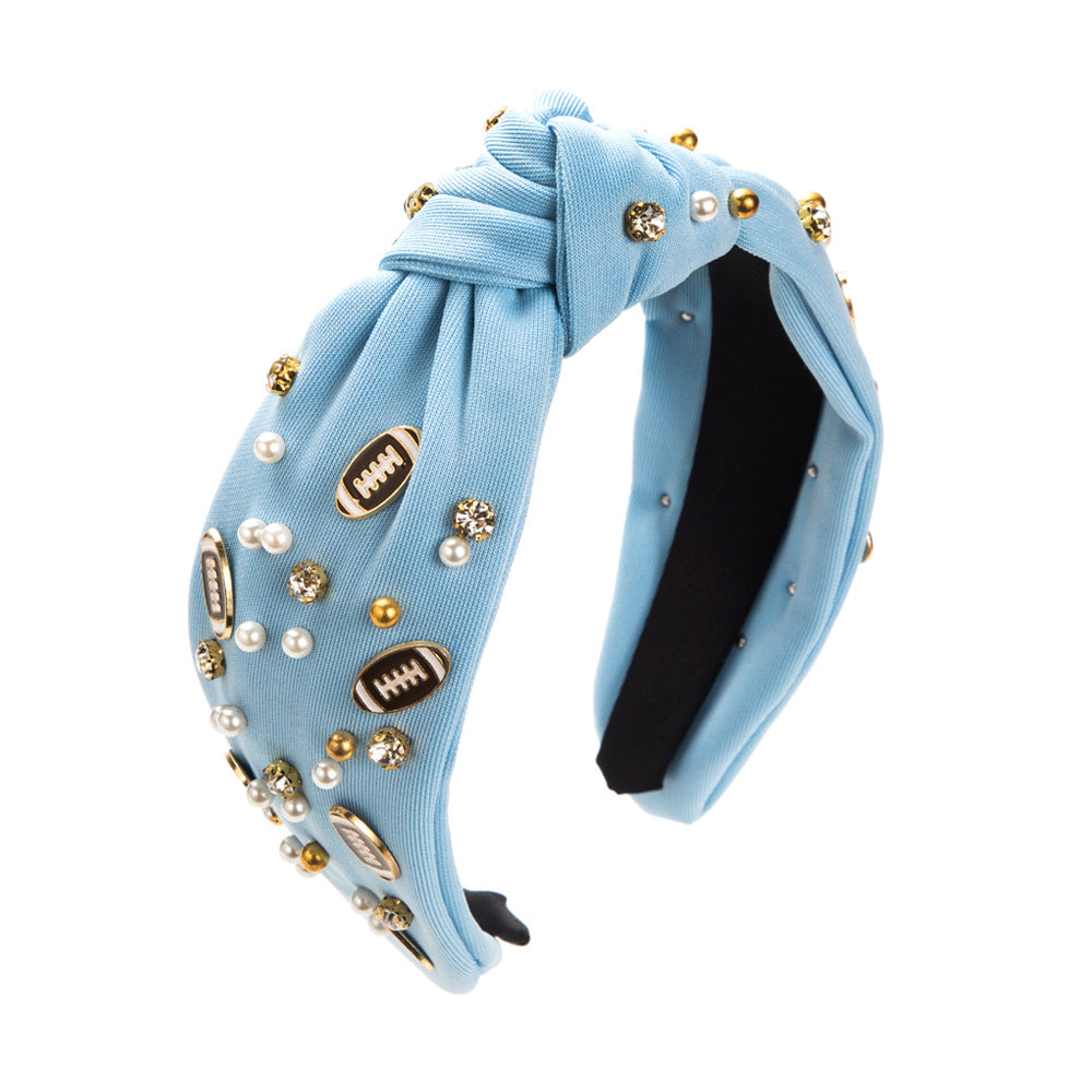 American Football Top Knot Headband with Pearls & Rhinestones – Wide Hair Accessory, Game Day Gift for Fans