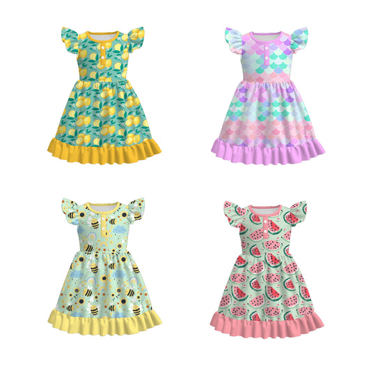 Girls' Summer Lemon Bee Mermaid Watermelon Button Dress