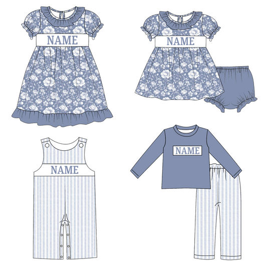 Kids Fall Custom Name Embroidery Blue Floral Sibling Clothes
