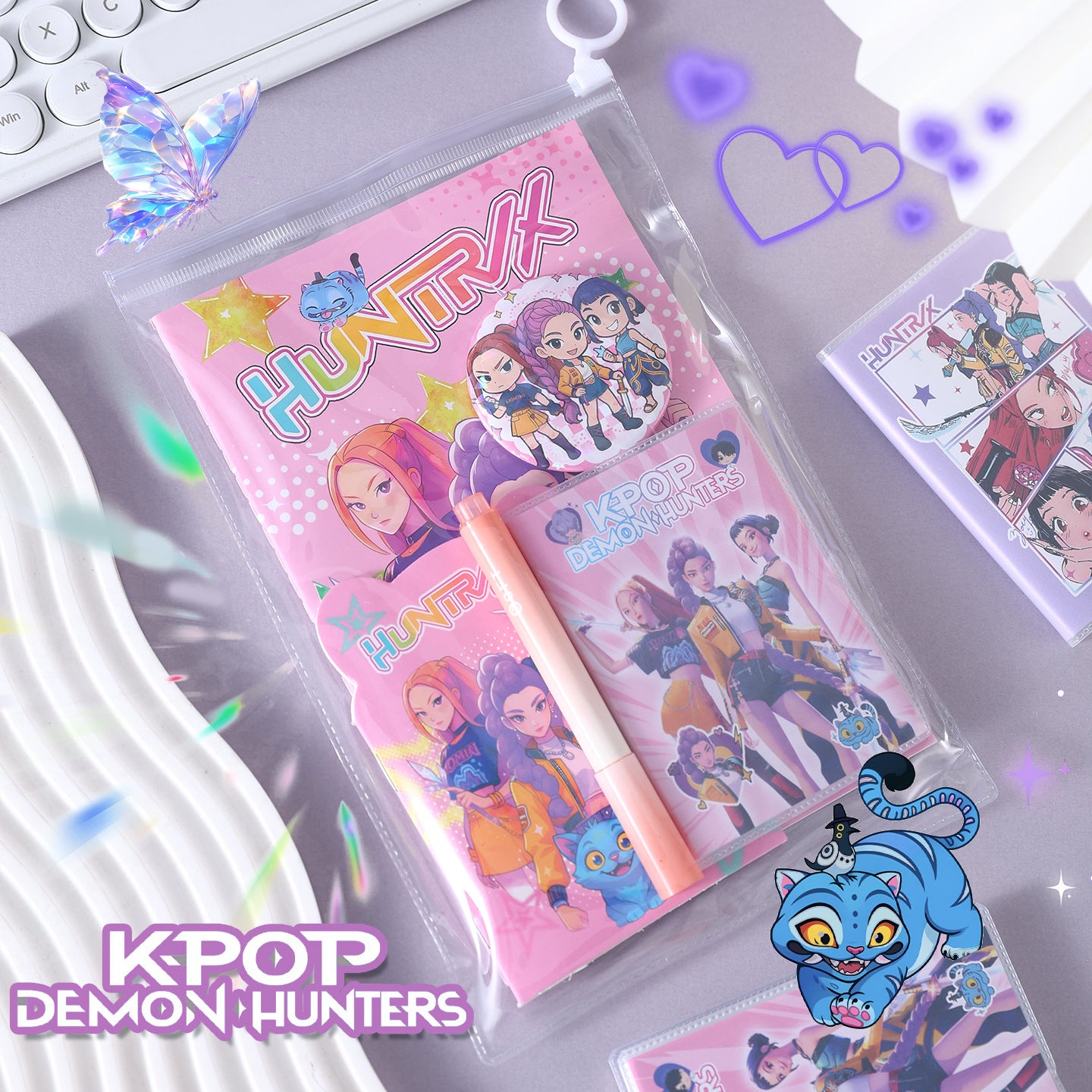 K-POP Demon Hunter Girl Group Stationery Set Notebook, Click Pen, Highlighter & Zipper Pouch for School or Office