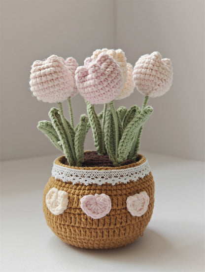 Handmade Knitted Tulip Pot – Crochet Yarn Flower Desk Decor Gift