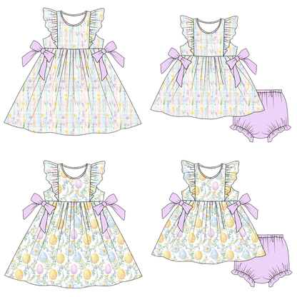 Summer Easter Floral & Pastel Egg Flutter Sleeve Bow Dress Set