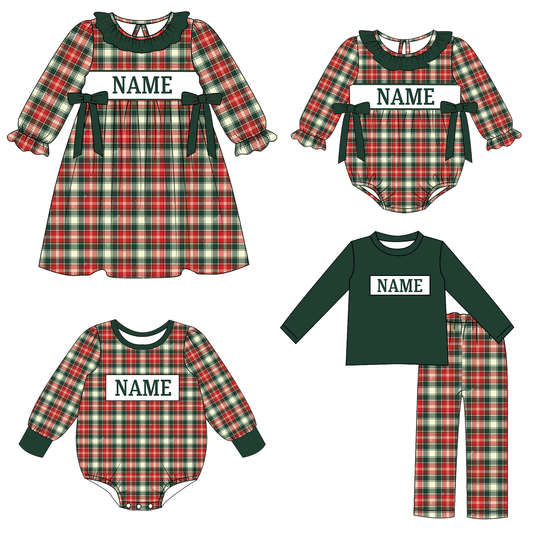 Kids Christmas CUSTOM NAME Embroidery Green Plaid Sibling Clothes