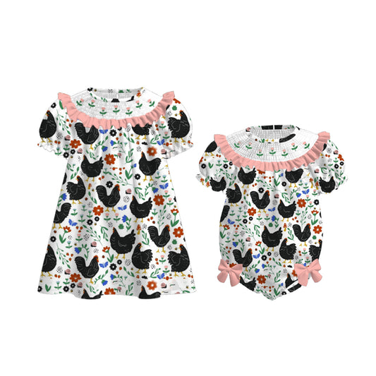 Girls Summer Chick Flower Embroidered Smocked Dress Romper
