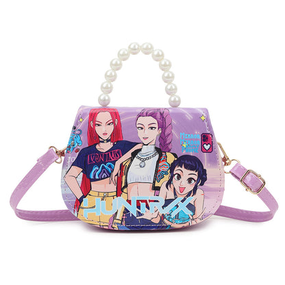 K-POP Demon Hunters Anime Print Kids Crossbody Bag with Pearl Handle & PU Strap