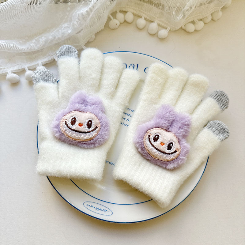 Winter Knit Gloves with Plush Doll Decoration Warm Fuzzy Finger Gloves for Parent Child Matching