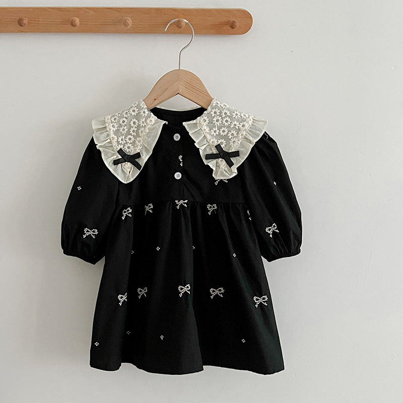 Girls Blue Bow Print Dress & Baby Romper – Lace Collar Sister Matching Outfit