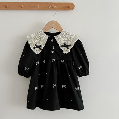 Girls Blue Bow Print Dress & Baby Romper – Lace Collar Sister Matching Outfit