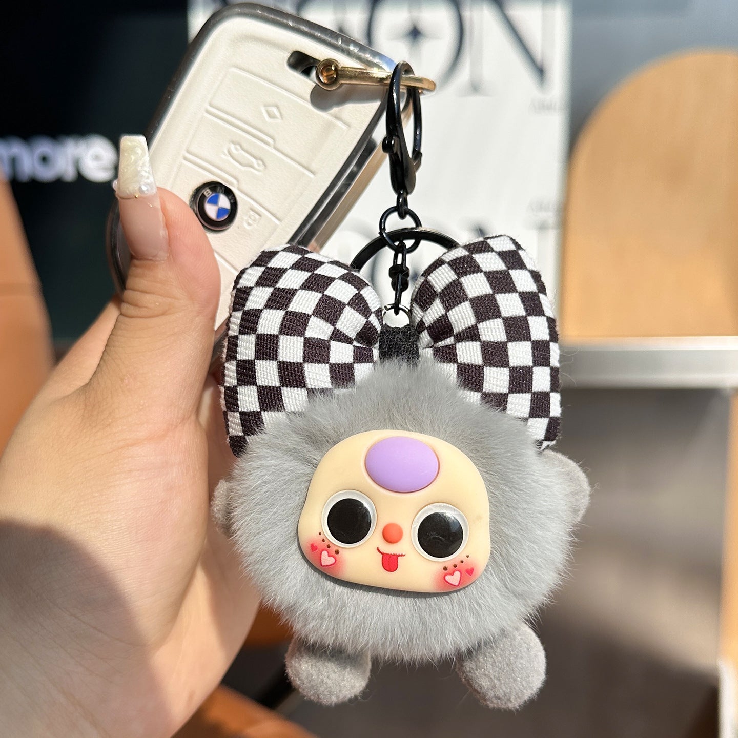 Rabbit Fur Bow Soot Sprite Keychain Cute Cartoon Doll Bag Charm Car Key Pendant