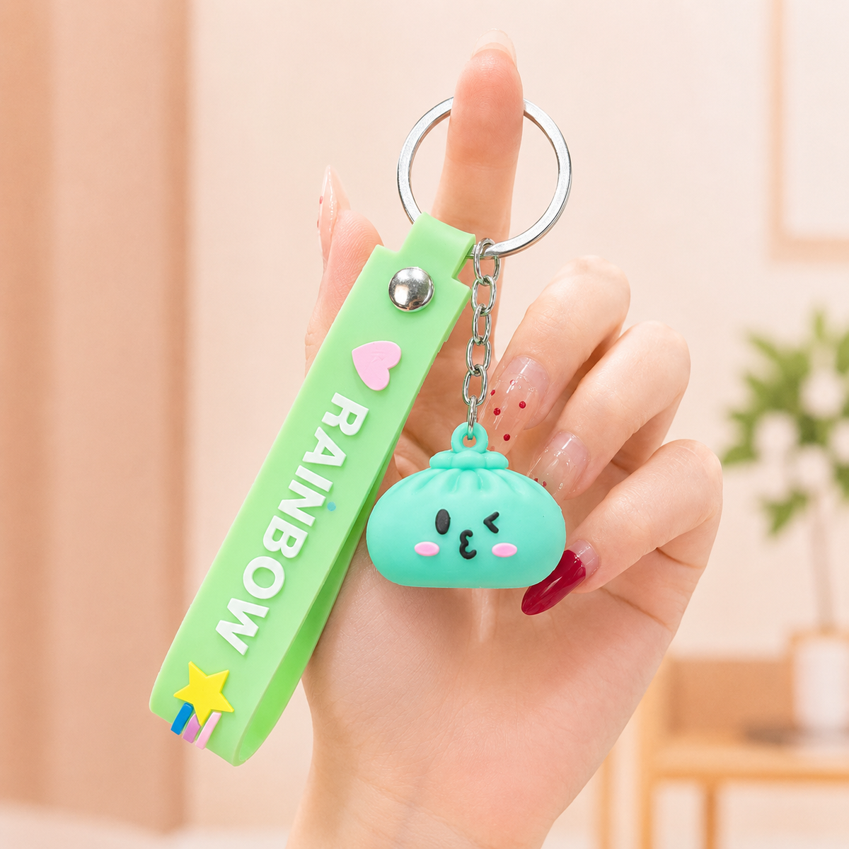 Cute Kawaii Dumpling Silicone Keychain with Rainbow Wrist Strap
