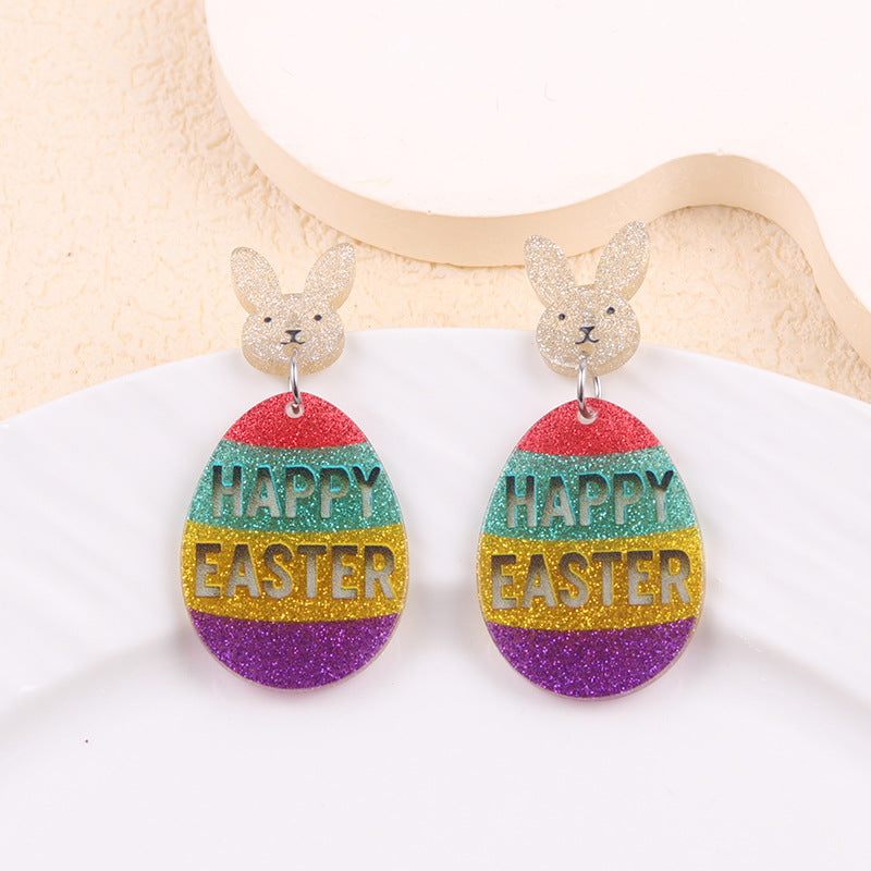 Easter Asymmetrical Bunny & Egg Acrylic Stud Earrings Creative Mismatch Ear Jewelry