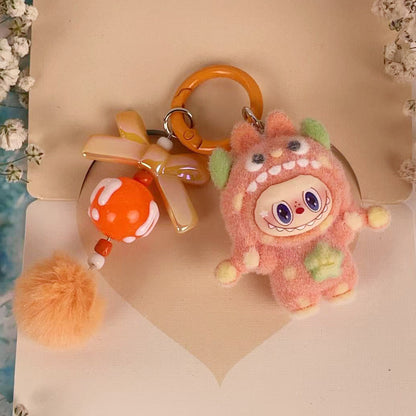 Flocked Labubu Key chain Pom-pom Backpack Charm Trendy Merchandise