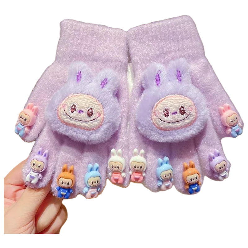 Cute Labubu Plush Half-Finger Gloves Warm Knitted Mittens with 3D Bunny and Silicone Labubu Charms