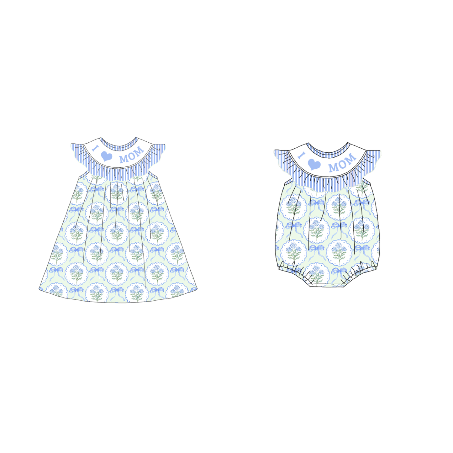 Spring Blue Floral I LOVE MAMA Smock Embroidery Girls Dress & Romper