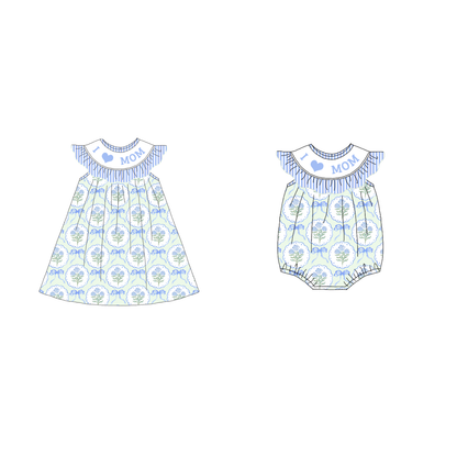 Spring Blue Floral I LOVE MAMA Smock Embroidery Girls Dress & Romper